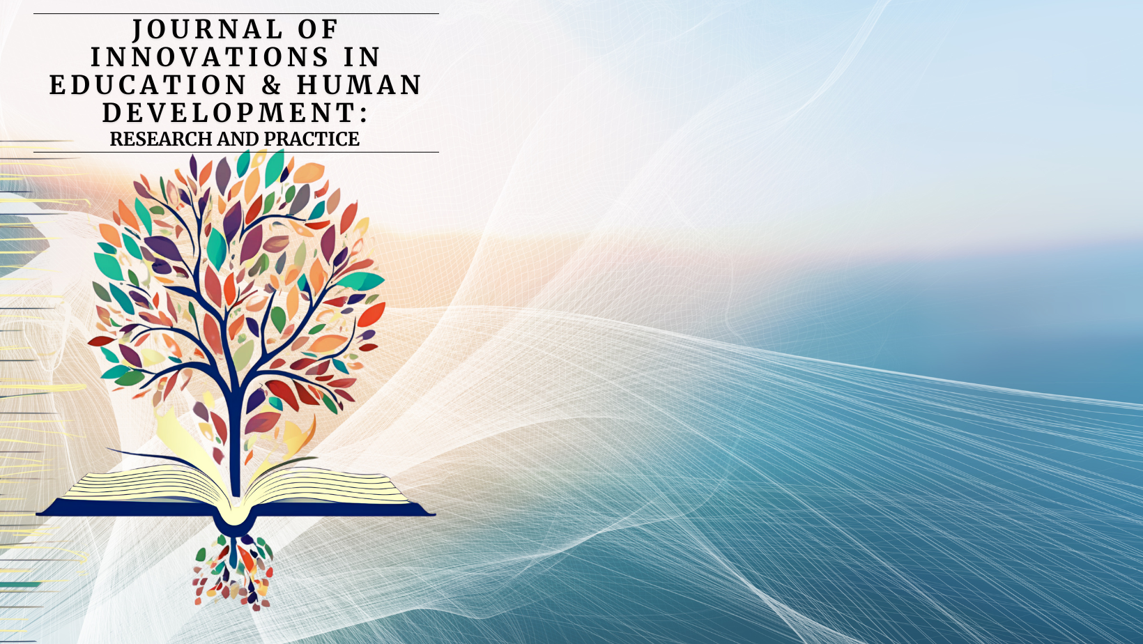 Journal name with colorful tree in the middle of an open book.